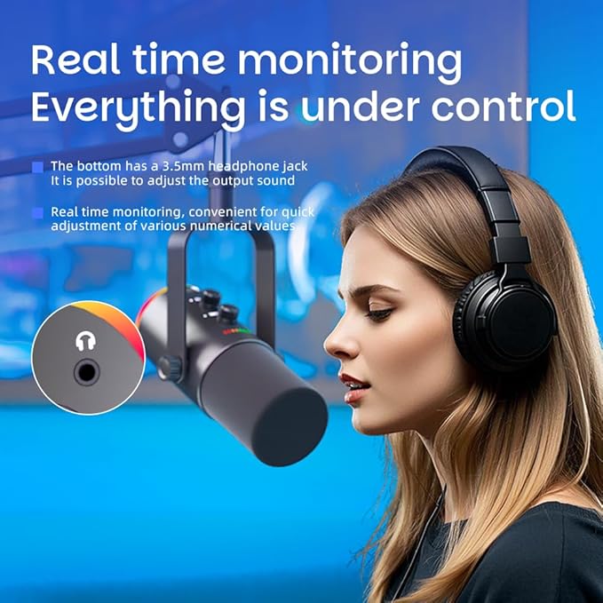 USB/XLR Desktop Dynamic Microphone with RGB Lighting, Noise Reduction, Mute Button & Headphone Jack - Podcast, Gaming, Streaming Mic for PC & Computer (Black)
