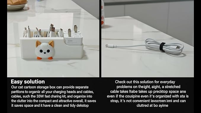 Cable Management Box, Cat Pattern Cord Organizer for Desk, Small Storage Box for Cables, Chargers, Adapters, Power Strip, Nightstand Organizer (White, 6.2 x 3.3 x 2.2 Inch)