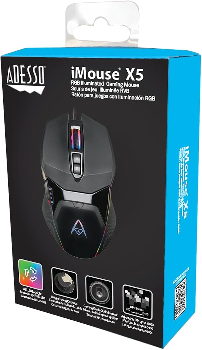 Adesso iMouse X5 USB RGB Illuminated Gaming Mouse – 7 Buttons, Adjustable Weight, 6 Level DPI Switch up to 6400, Optical Sensor, Ergonomic Design for Right-Handed Gamers, Multi-Color LED Backlight