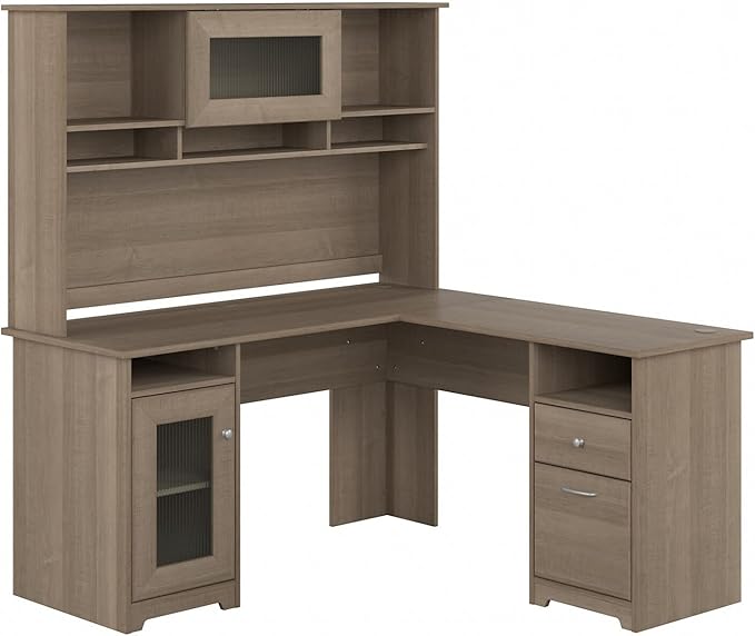 Bush Home Cabot L Shaped Desk with Hutch, Corner Desk with Storage for Home Office in Ash Gray, 60W L Shaped Computer Desk