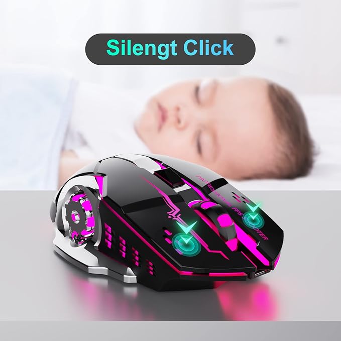 New 2.4G Wireless Rechargeable Gaming Mouse Silent Click with 6 Buttons, 3 Adjustable Levels DPI, Colorful LED Lights for Laptop, iPad, MacOS, PC, Windows, Android (Black)