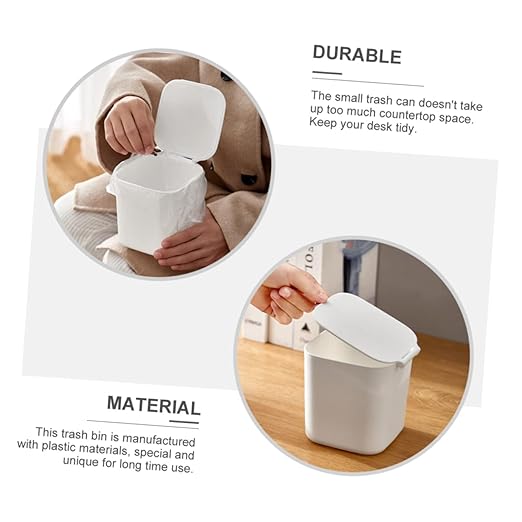 Slim White Kitchen Garbage Can Small Trash Can Lid Desktop Rubbish Storage Bin