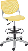 Pemberly Row Modern Drafting Stool, Yellow Finish, Adjustable Height 23.5-33.5 in, Perforated Back for Comfort, Cold-Rolled Steel Frame, Dual Wheel Casters, Ergonomic Design for Office or Workspaces