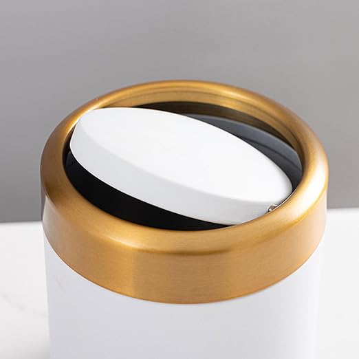 Mini Trash Container - Compact Garbage Bin, Tiny Rubbish Holder | Small Litter Basket, Sleek Circular Swing Cover Top, Durable 304 Steel Waste Compartment Decorative Piece Bathroom, Dorm, Car, Work De