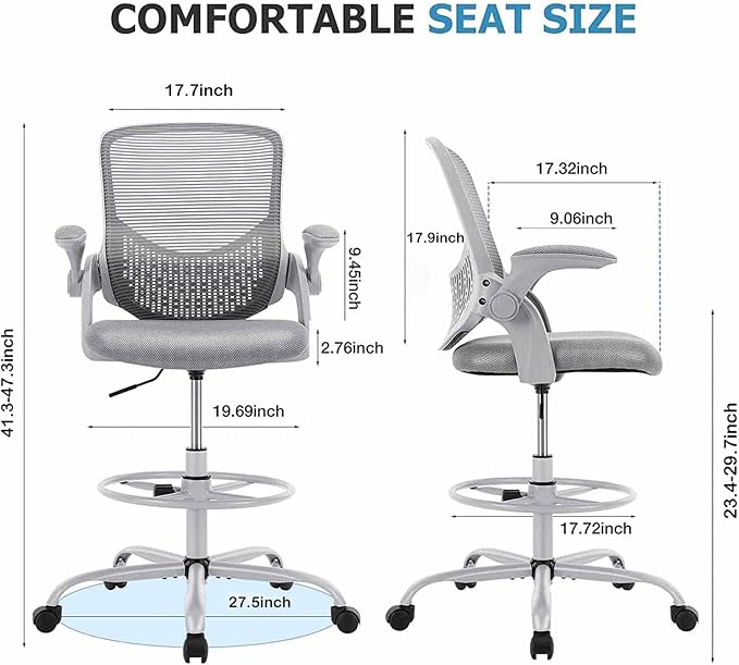 JHK Drafting Tall Office Chair Standing Desk Counter Height Adjustable Chairs with Flip-up Padded Armrests