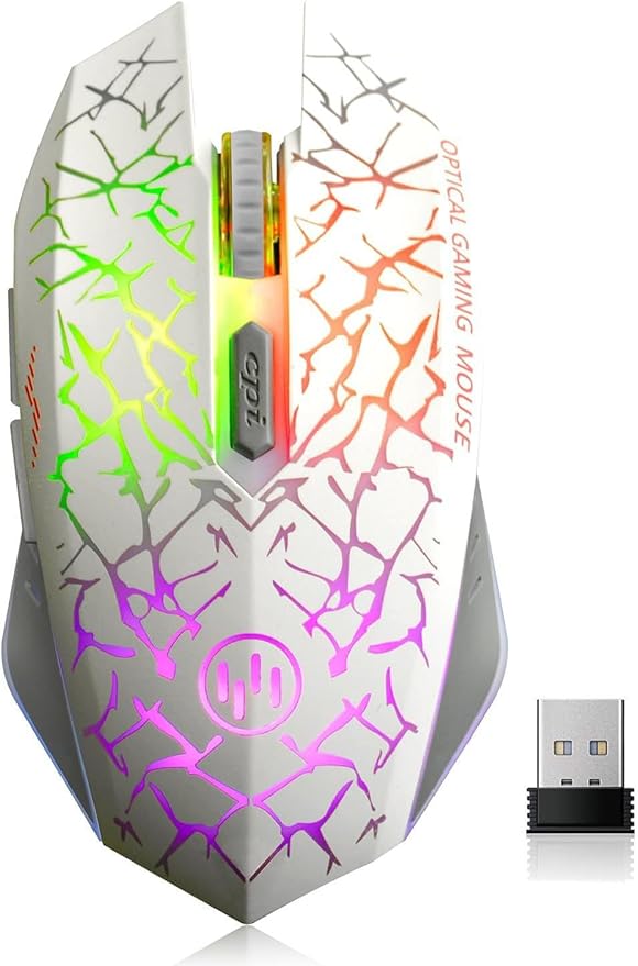 VEGCOO C12 Wireless Gaming Mouse,Rechargeable Mice Silent Click Cordless Mouse with 6 Buttons PC Gaming Mice Advanced Technology with 2.4GHZ Up to 2400DPI for PC Laptop (White)