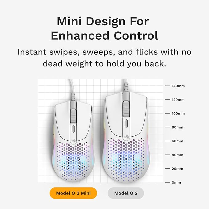 Glorious Gaming - Superlight Wired PC Gaming Mouse with Honeycomb Shell, 6 Programmable Buttons, RGB Lighting & PTFE Skates - Model O 2 Mini, Matte White