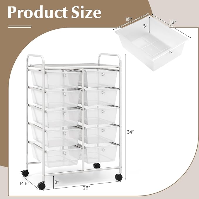 Moccha 10-Drawer Rolling Storage Cart - Under Desk Storage Drawers with wheels for Craft Art Supply Paper Salon, Scrapbook Paper Tools, Mobile Utility Cart for Classroom, Clear