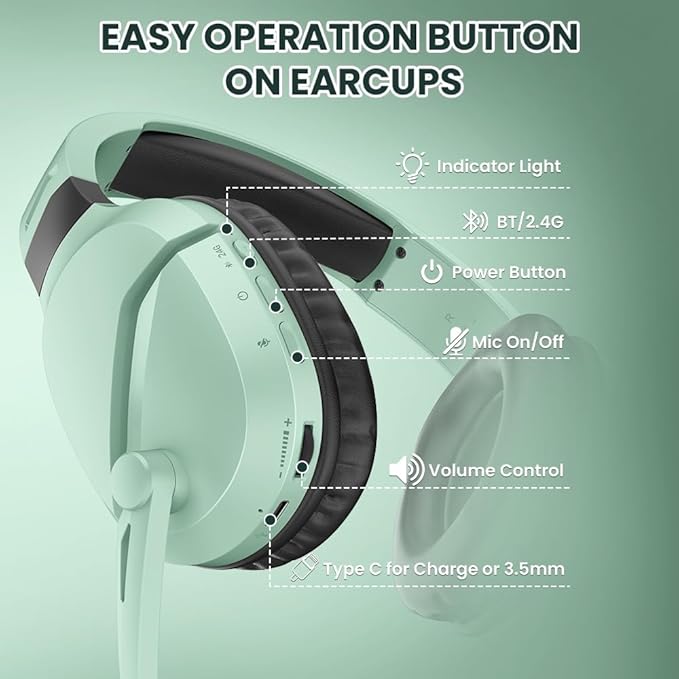 WolfLawS Wireless Gaming Headset with Noise Canceling Microphone for PS5, PC, PS4, 2.4G/Bluetooth Gaming Headphones with USB and Type-c Connector, Wired Mode for Controller (Green)