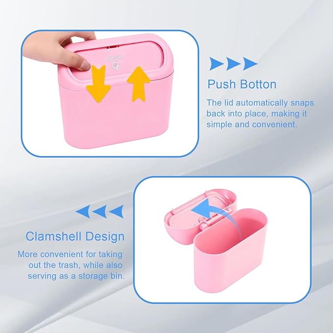 Car Small Trash Can with Lid, Leakproof Mini Car Garbage Can, Waterproof Push Button Easy Empty, Suitable for Desktop Office Bedroom Dorm Home Vehicle with 75 PCS Plastic Trash Bag (Pink)
