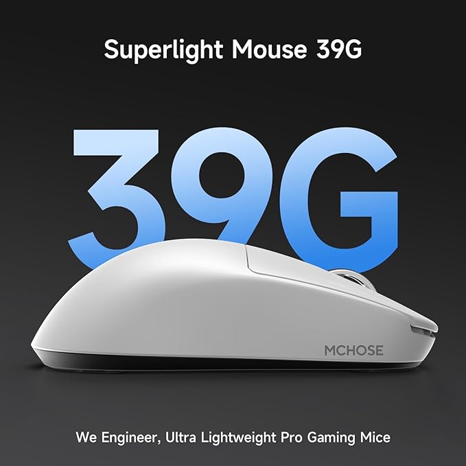 MCHOSE L7 Pro+ Wireless Gaming Mouse Esports, Ultra-Lightweight Mouse with 26K DPI, 650 IPS, 8K Polling Rate, Optical Switch, 7 Programmable Buttons, Tri-Mode Connection, 200H Battery, PC/Mac - White