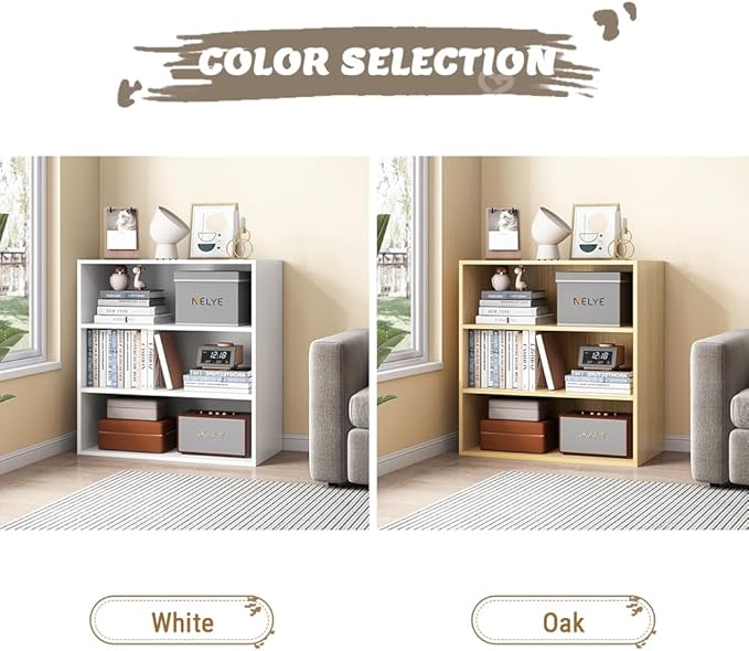 NELYE Basic Open Shelf Bookcase - 3-Tier Wooden Cube Storage Shelves Split Bookshelf, White