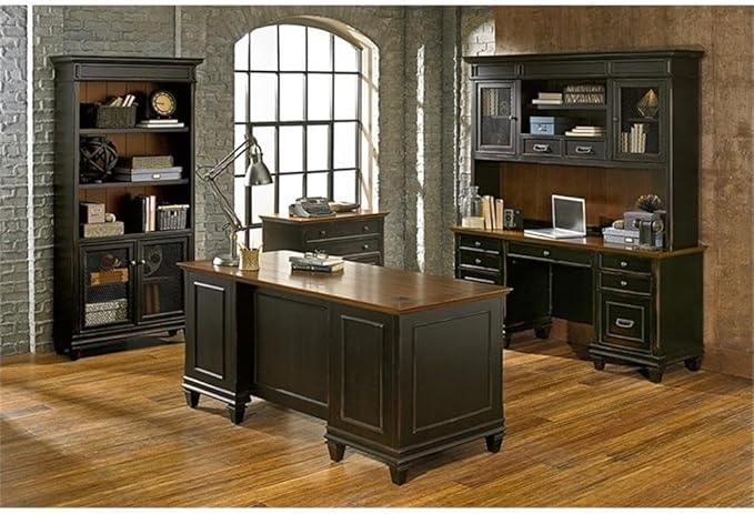 BOWERY HILL Set of 2 Double Pedestal Office Desk & Bookcase with Doors