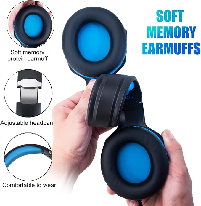 Gaming Headset for PS4, PC, Xbox One, PS5, for Nintendo Switch, Wired Over Ear Headphones with Stereo Surround Sound, Noise-Cancelling Microphone, LED Lights for Kids Adults, Black Blue