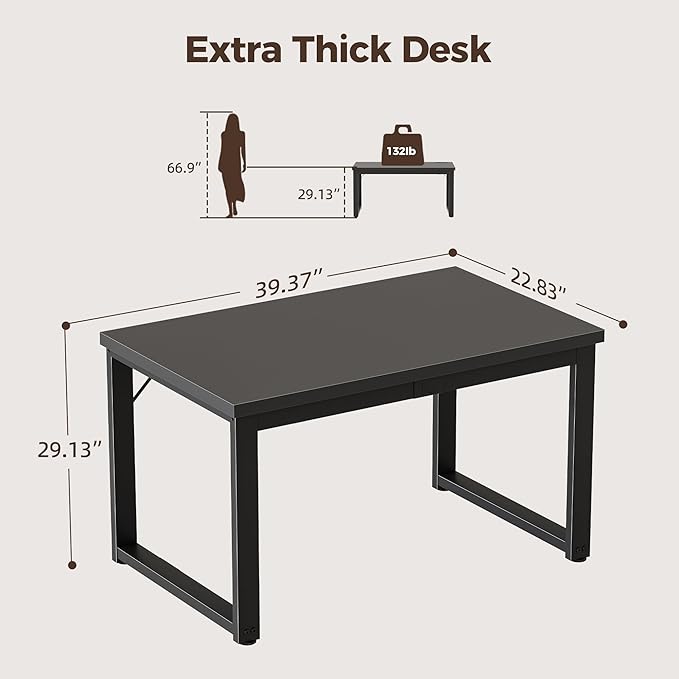 Mericonia 40 Inch Computer Desk, 1.2" Thick Modern Simple Study Writing Table, Heavy Duty Industrial Office Desk for Home Bedroom Workstation, Black