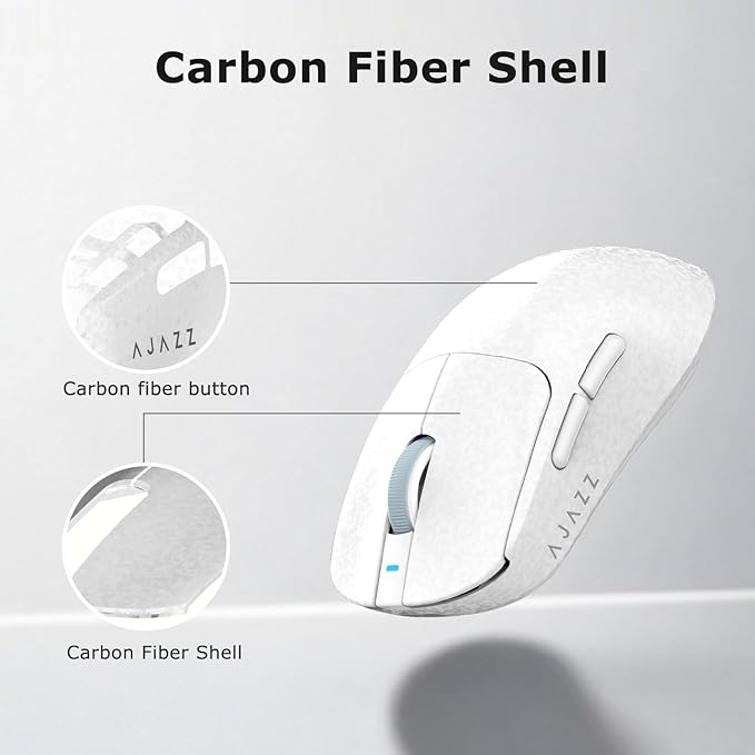 AJ199 Hybrid Wireless Gaming Mouse | Genuine Carbon Fiber Grip Shell | Tri-Mode 2.4G/Bluetooth/USB-C | 60g Balanced Lightweight | 24K DPI PAW3311 | 119mm Compact | PC/Mac/Travel | White