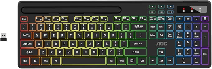 AOC KB600 Wireless Keyboard with 7-Color RGB Backlit, 2.4GHz Full-Size Computer Keyboard with Phone Tablet Holder, Number Pad, 22 Multimedia Hotkeys, Rechargeable for Mac, Windows