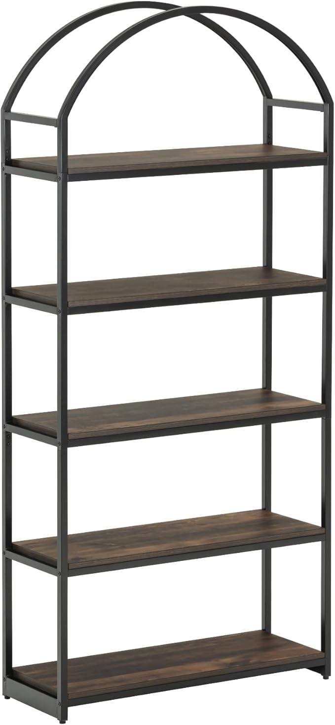 Nathan James Haven Etagere Bookshelf, 5-Shelf Bookcase in Nutmeg Wood and Black Metal Frame with Arch Top and Open Shelves, Nutmeg/Black, Set of 4