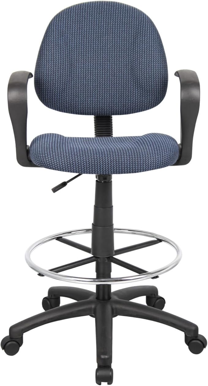 Benzara Jea Drafting Stool Chair, Loop Arms, Blue Tweed, Round Footring