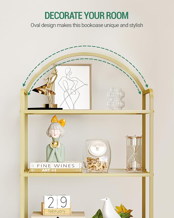 Hzuaneri Bookcase Bookshelf, Tempered Glass Bookshelves, Slim Shelving Unit for Bedroom, Bathroom, Home Office, Steel Frame, 6 Tier Gold BC21699G
