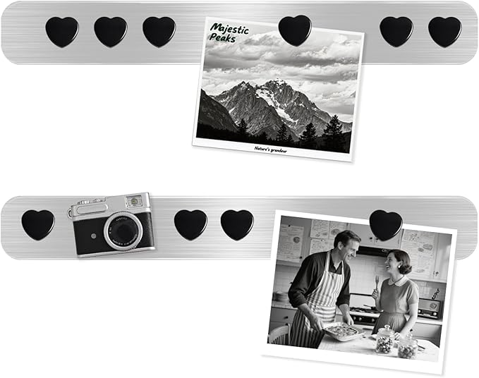 Magnetic Board for Wall, 2Pcs Stainless Iron Magnetic Strips with Adhesive Backing, Magnet Bulletin Board for Wall, Small Memo Board with 10 Black Heart Magnets for Home, Kitchen, Classroom,DIY