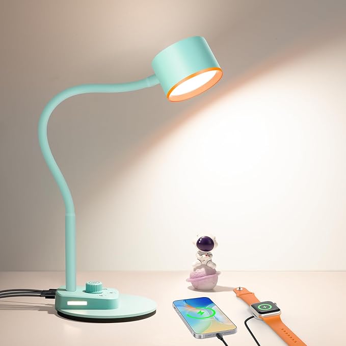 LiFMIRA Desk Lamp, Fully Dimmable Bedside Reading Lamp with USB C + A Charging Ports, 5 Colors, Simple to Operate, Eye Care Metal Table Lamp Efficient Desk Lamps for Home Office College Dorm Room