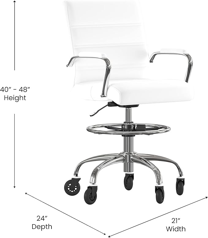 Flash Furniture Lexi Mid-Back Drafting Chair with Adjustable Foot Ring - White LeatherSoft Upholstery - Chrome Base - Roller Wheels