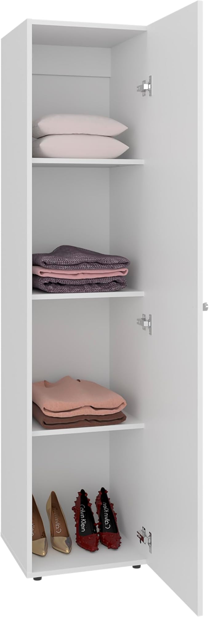 Saily Storage Cabinet with 4 Shelves and Mirror on Door, Modern Design, White Mirror on Door: Includes a full-length mirror, making it convenient for quick outfit checks. Easy Access: Features a si