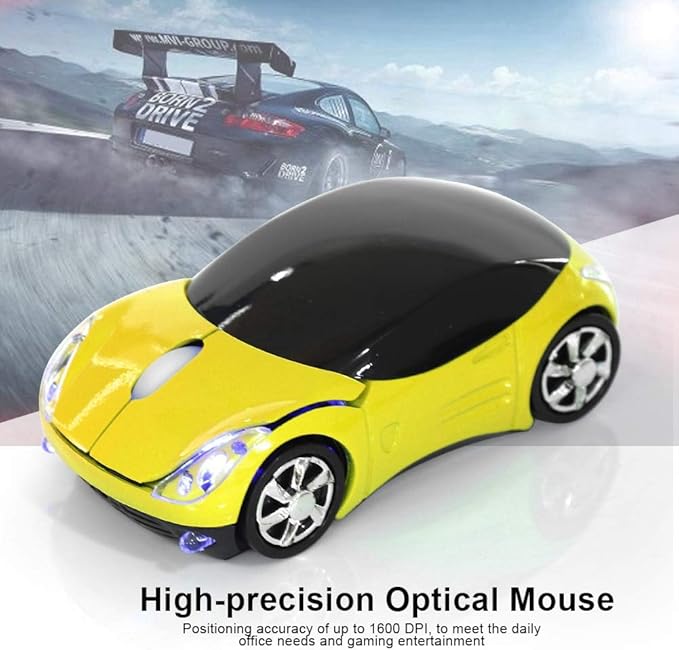 ASHATA 2.4G Wireless Mouse Car Mouse with USB Receiver, Cute 1600DPI Optical Computer for PC Laptop Tablet, Compatible with Wins /7/ME/2000 & for OS - Yellow