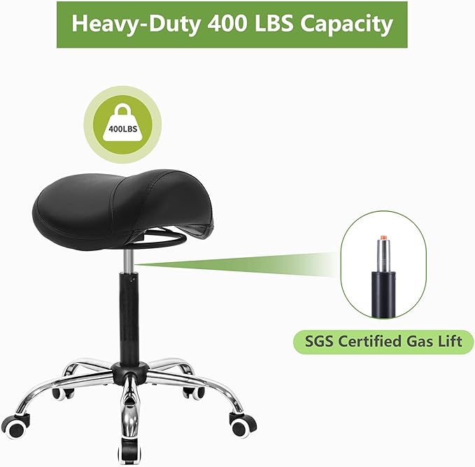 Saddle Salon Stool with Wheels,Heavy Duty Adjustable Rolling Stool for Barber, Tattoo, Nail,Spa，Dentist(Black)