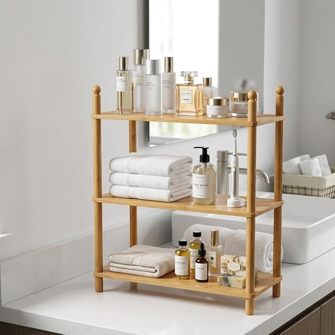 3-Tier Expandable Bamboo Desktop Organizer Shelf Kitchen Cabinet and Counter Riser Display Shelf for Top of Desk Home Office Bathroom Coffee Table Display Stand (1, Natural, 3-Tier)