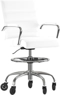 Flash Furniture Lexi Mid-Back Drafting Chair with Adjustable Foot Ring - White LeatherSoft Upholstery - Chrome Base - Roller Wheels