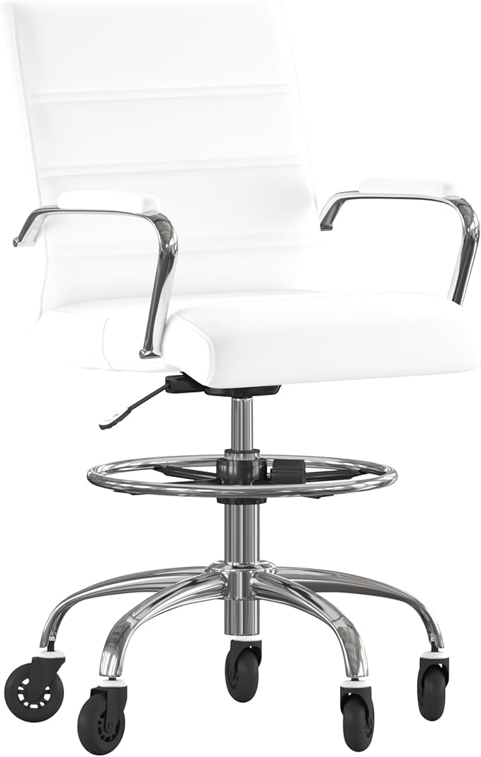 Flash Furniture Lexi Mid-Back Drafting Chair with Adjustable Foot Ring - White LeatherSoft Upholstery - Chrome Base - Roller Wheels