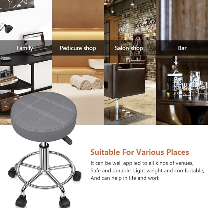 KKTONER Round Rolling Stool Chair PU Leather Height Adjustable Swivel Drafting Work SPA Shop Salon Stools with Wheels Office Chair Small (Gray)