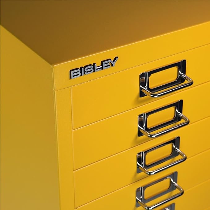Bisley 10-Drawer Steel MultiDrawer Cabinet - Golden Sunflower Yellow, Chrome Pull Handles with Label Holders, Powder-Coated Steel, Removable Drawers, Fits Under Most Desks, Labels Included