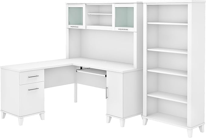 Bush Furniture Somerset 60W L Shaped Desk with Hutch and 5 Shelf Bookcase