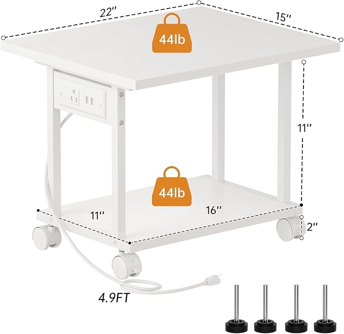 Asgolion Printer Table, 2-Tier Under Desk Printer Stand with Charging Station, Printer Stand with Wheels, PrinterShelf for Small Spaces, Printer Cart for Home Office White