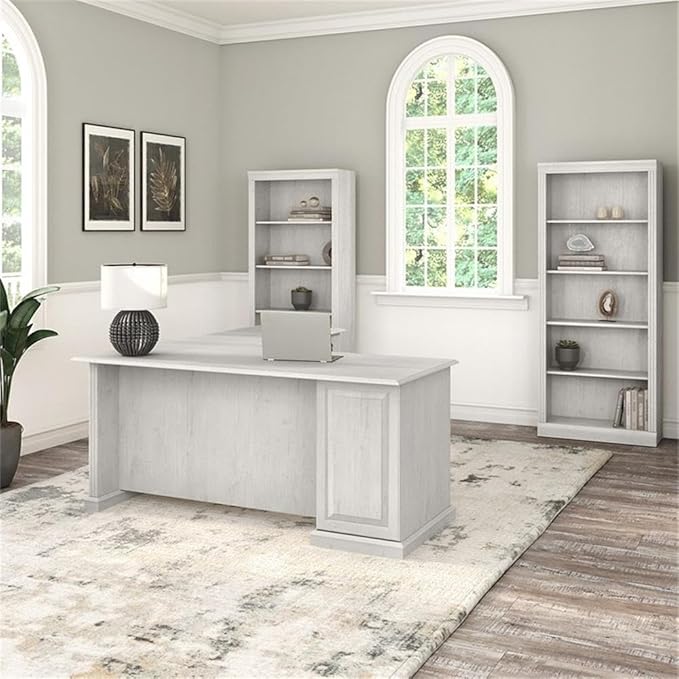 Bush Furniture Saratoga L Shaped Computer Desk and Bookcase Set in Linen White Oak