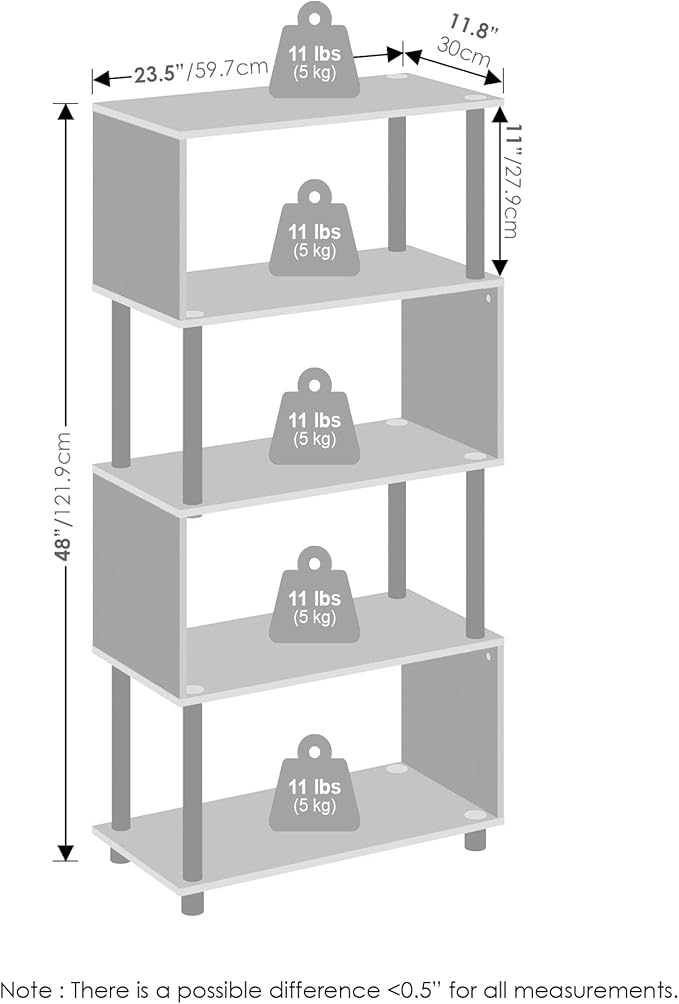 Furinno Reed Book Shelf, 5-Tier Bookshelf with Open Shelf, Geometric Bookcase with S-Shaped Frame, 11.8 x 23.6 x 48, for Living Room, Bedroom, Home Office, Espresso