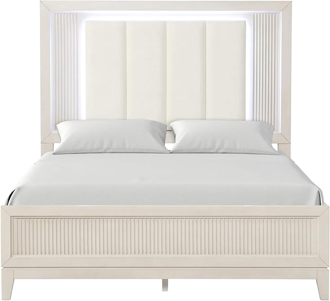 GOWE Antique White 3pc Bedroom Set Queen Size Bed 2X Nightstands LED Headboard Bedroom Furniture Transitional Style Antique White Color Fabric, Foam, Solid Wood, Birch Veneer