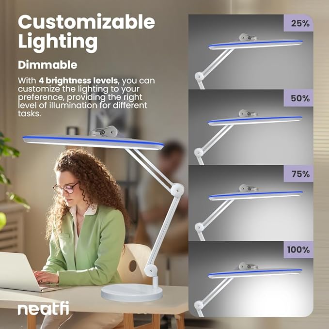 Neatfi XL 24W LED Desk Lamp – 2,200 Lumens | 23” Wide Shade | Dimmable Eye-Caring Task Light | Adjustable Arm | Office, Study, Crafting & Nail Techs (White, Non-CCT with Base)