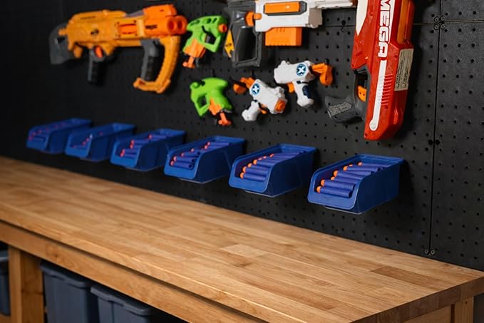 WallPeg Nerf Organizer Accessories – Pegboard Bins and Jumbo Peg Hooks Set – 6 Large Cobalt Blue Storage Bins & 20 Jumbo Peg Hooks – Nerf Storage System for Blasters, & Darts – Made in USA
