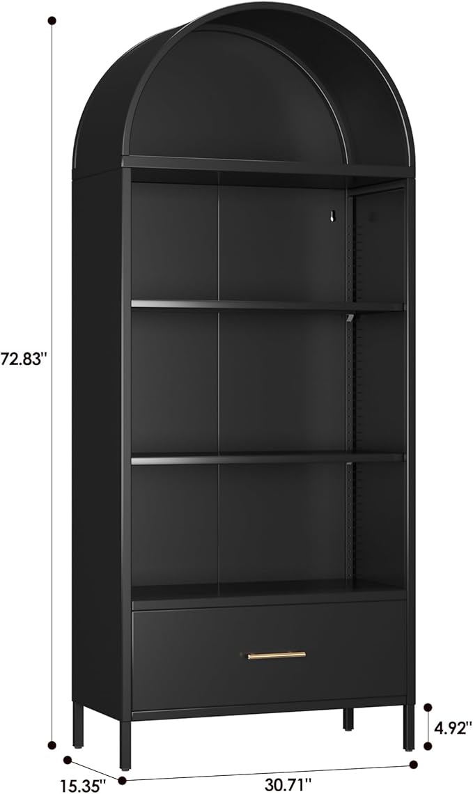 VEXPOR 73" Tall Arched Bookcase Cabinet, 5-Tiers Metal Black Arched Bookshelf with Drawer for Living Room, Home Office, Assembly Required, 15.35" D x 30.71" W x 72.83" H