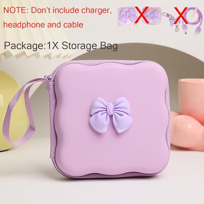 Charger Cover Storage Bag, Cute 3D Bow Tie Waves Design Charger Protector Travel Storage Case, Earphone Wire Saver Cable Cord Organizer Wireless Earphone Storage Box, Purple Bow