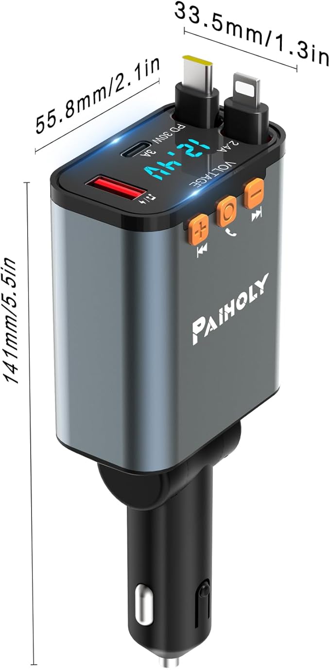 Bluetooth 5.3 Car Adapter, FM Transmitter Bluetooth Car Charger, 4 in 1 Retractable Car Charger, Phone USB C PD Fast Charging Adapter for RV SUV Truck, Fit iPhone 17/16/15/14 (Type C & Lightning)