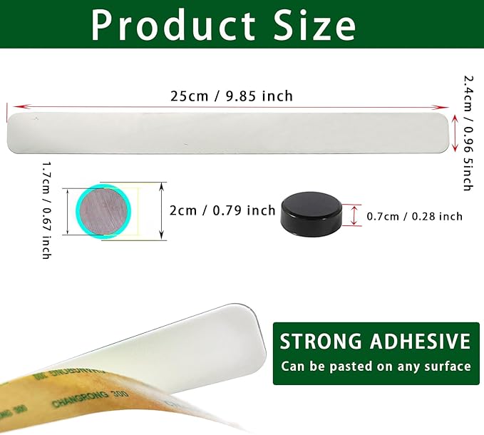 Magnetic Board Strip Frameless Stainless Steel Iron Strips with Adhesive Backing, 2PCS Magnetic Bulletin Bar Memo Board with 10PCS Colorful Magnets for School, Office, Home, Refrigerator & Wall