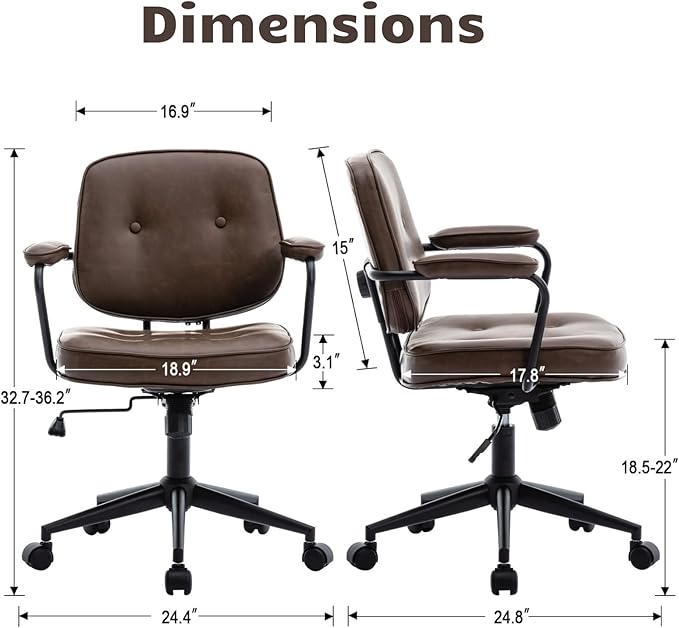 HEAH-YO Modern Armless Desk Chairs Set of 1, Swivel Computer Task Chair with Wheels and Armrests, Adjustable Office Chair with Backrest for Home Base, PU Brown
