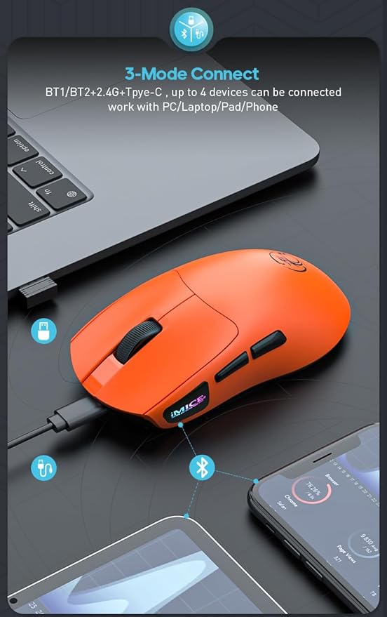 Maine Charging 3-Mode Wireless Gaming Mouse with 12800 DPI. Lightweight Design. Factory Wholesale Sales. (Black, 100PACK)