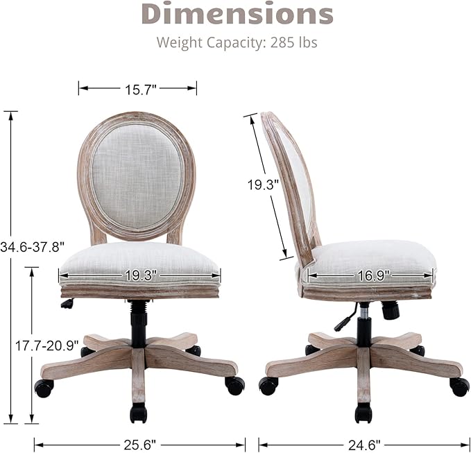 HEAH-YO Armless Home Office Chair, Vintage Linen Fabric Desk Chair with Wheels and Mid Back Support, Swivel Vanity Chair for Bedroom, Beige