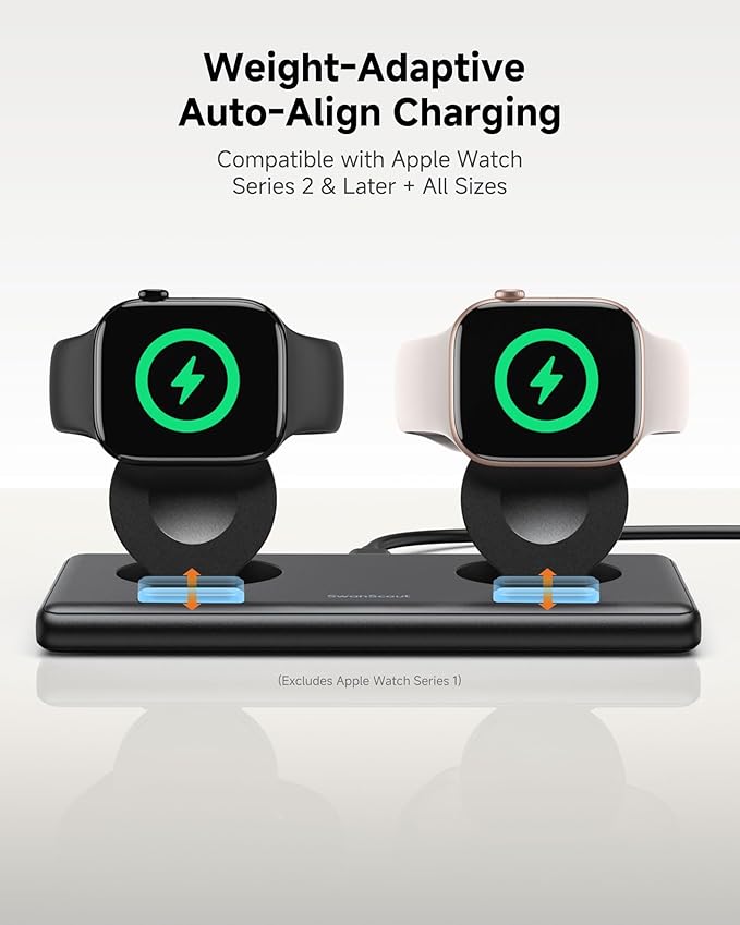 SwanScout Dual Charger for Apple Watch 11/Ultra 3/SE 3/Ultra 2/Ultra/SE 2/SE/10/9/8/7/6/5/4/3/2, Portable Charging Dock for 2 Apple Watches, SwanScout 507DA (Black)